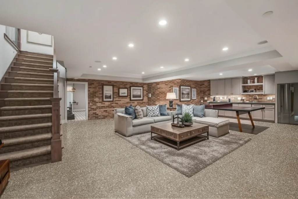 Shoreline flake epoxy floor in a basement