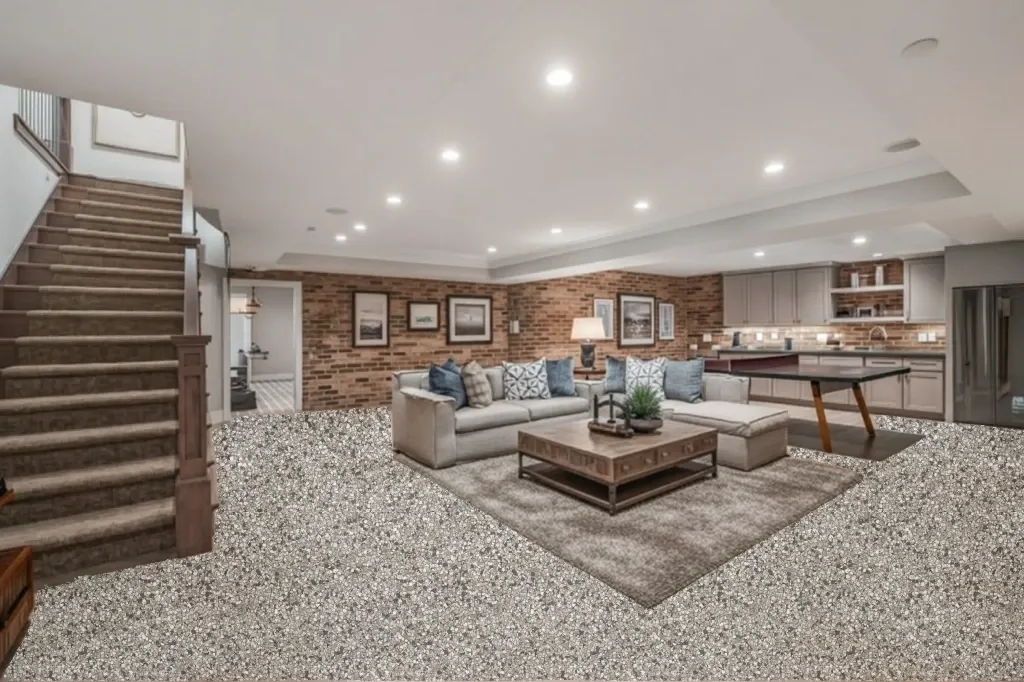 Quicksilver flake epoxy floor in a basement
