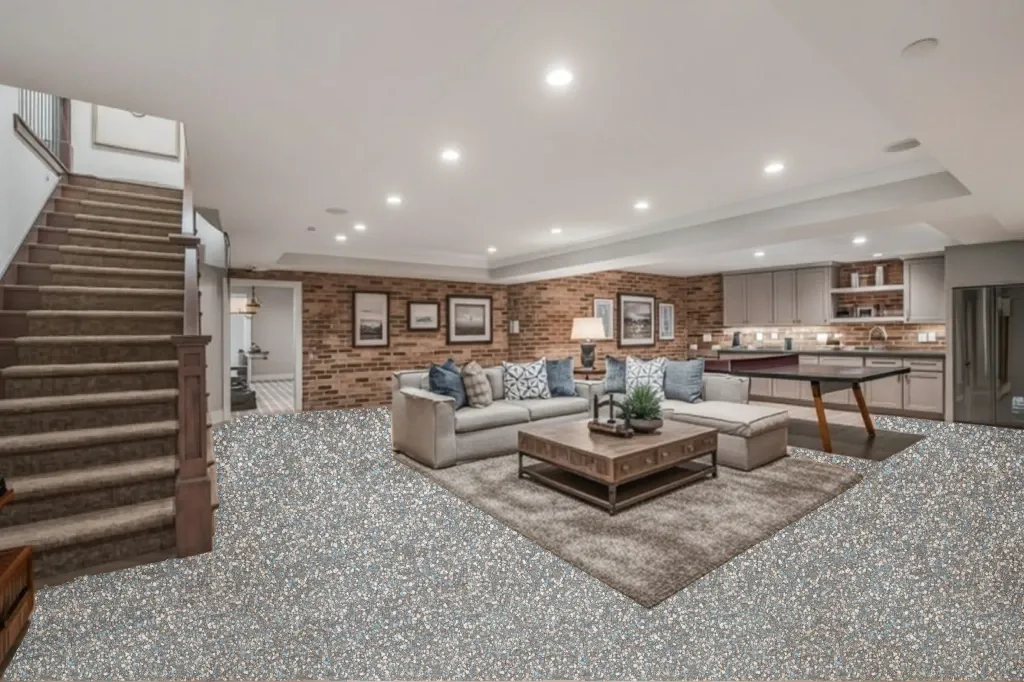 Ice Blue flake epoxy floor in a basement
