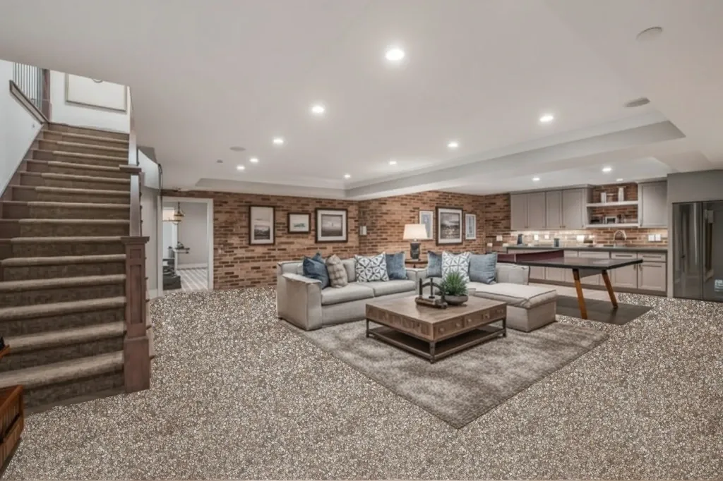 Almond flake epoxy floor in a basement