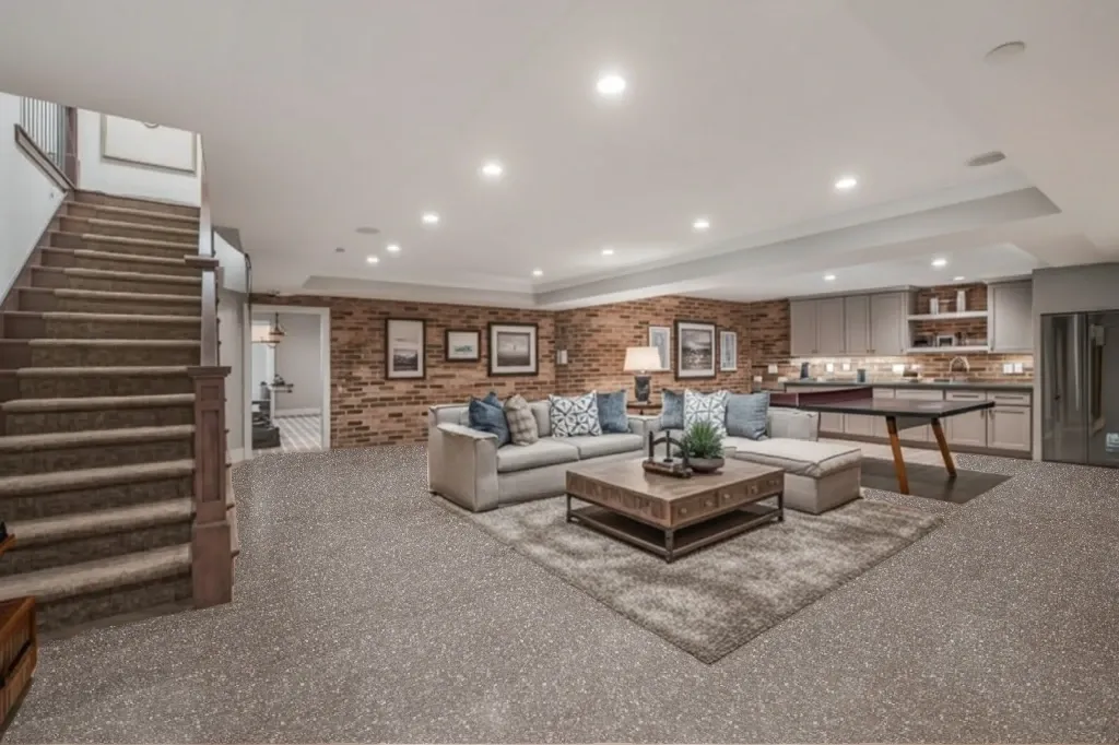 Creekbed flake epoxy floor in a basement