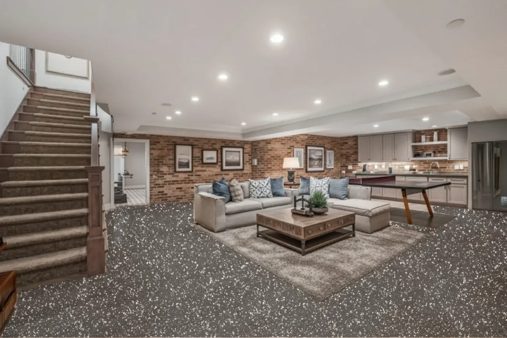 Raven flake epoxy floor in a basement
